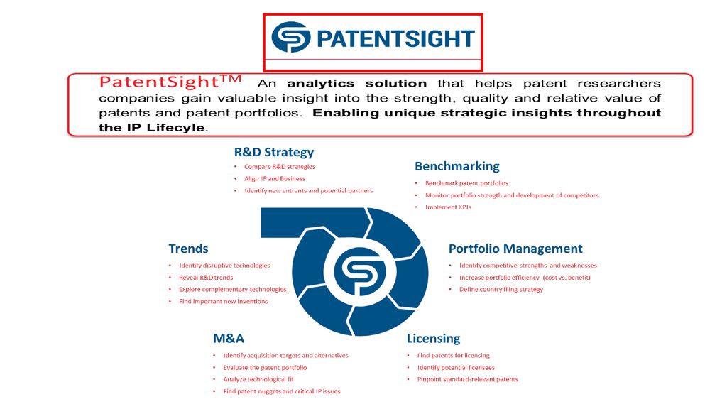 Para la parte de análisis LexisNexis cuenta con su plataforma especializada PatentSight, la cuál nos permite hacer análisis de R&D Strategy, Licensing, M&A, Trends, Benchmarking, etc.