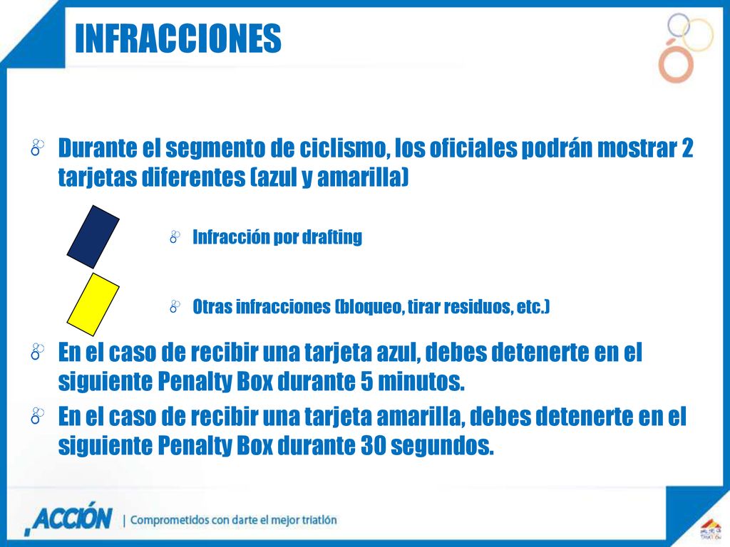 INFRACCIONES Durante el segmento de ciclismo, los oficiales podrán mostrar 2 tarjetas diferentes (azul y amarilla)