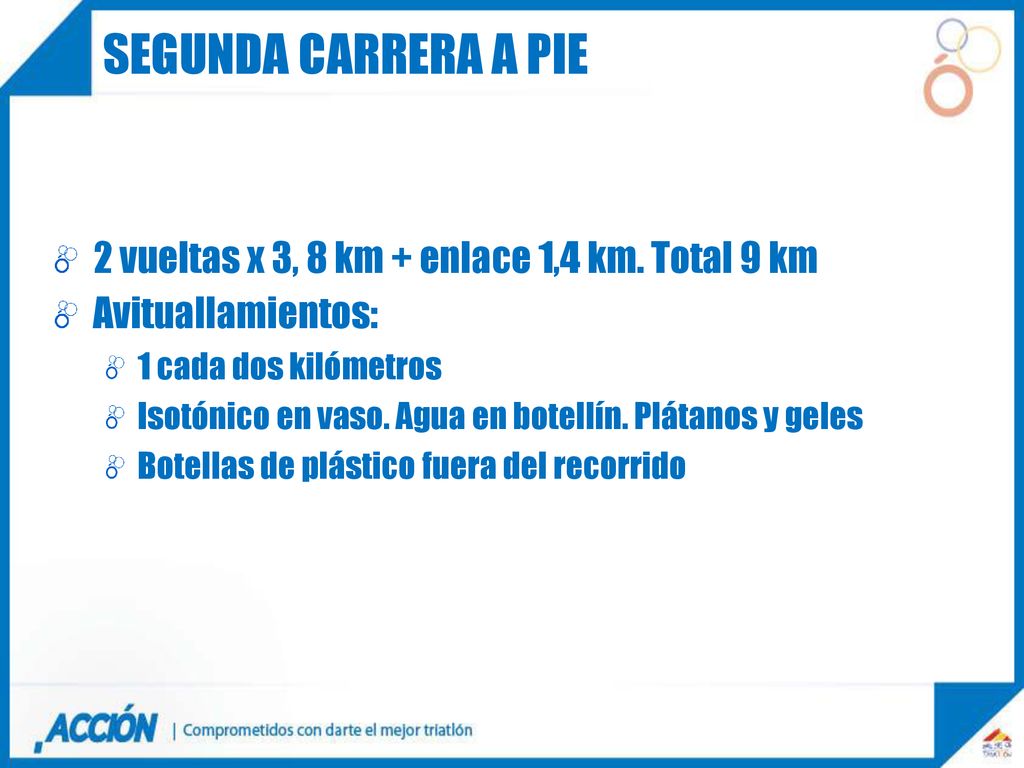 Segunda carrera a pie 2 vueltas x 3, 8 km + enlace 1,4 km. Total 9 km