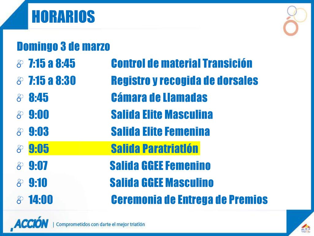 HORARIOS Domingo 3 de marzo 7:15 a 8:45 Control de material Transición