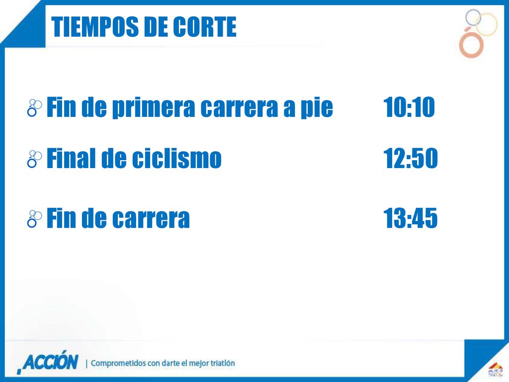 TIEMPOS DE CORTE Fin de primera carrera a pie 10:10.