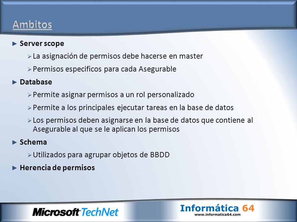 Ambitos Server scope La asignación de permisos debe hacerse en master