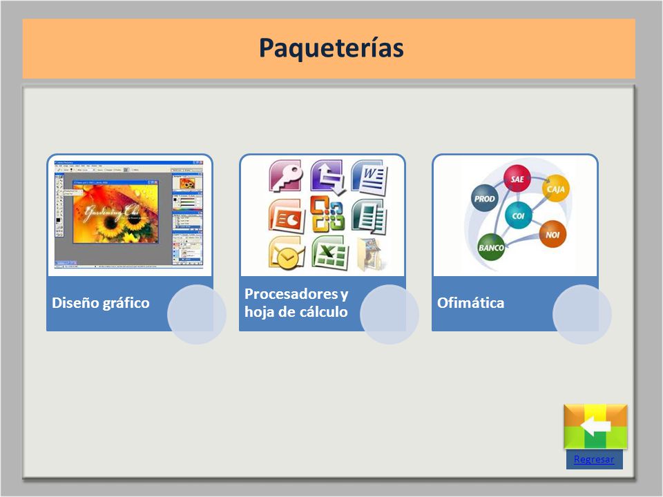 Paqueterías Regresar Diseño gráfico Procesadores y hoja de cálculo