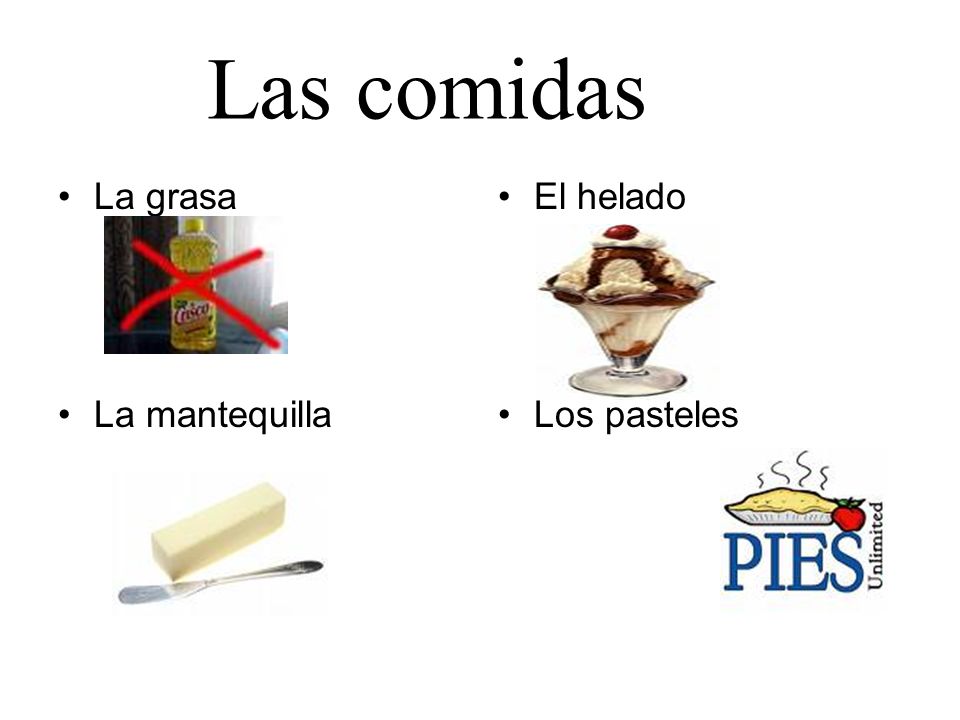 Las comidas La grasa La mantequilla El helado Los pasteles
