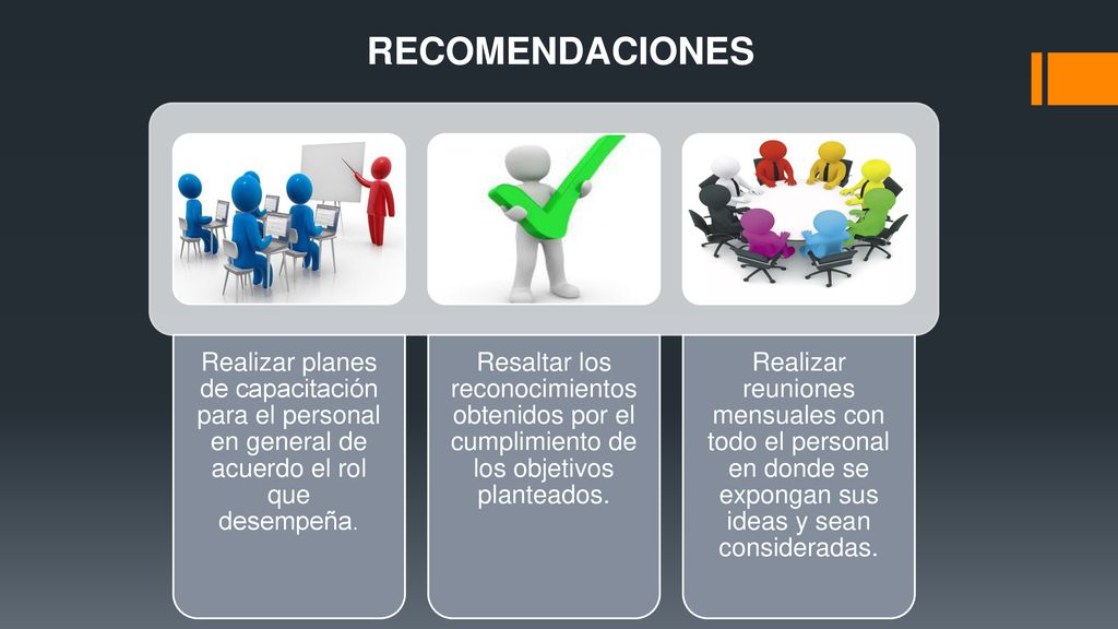 RECOMENDACIONES Realizar planes de capacitación para el personal en general de acuerdo el rol que desempeña.