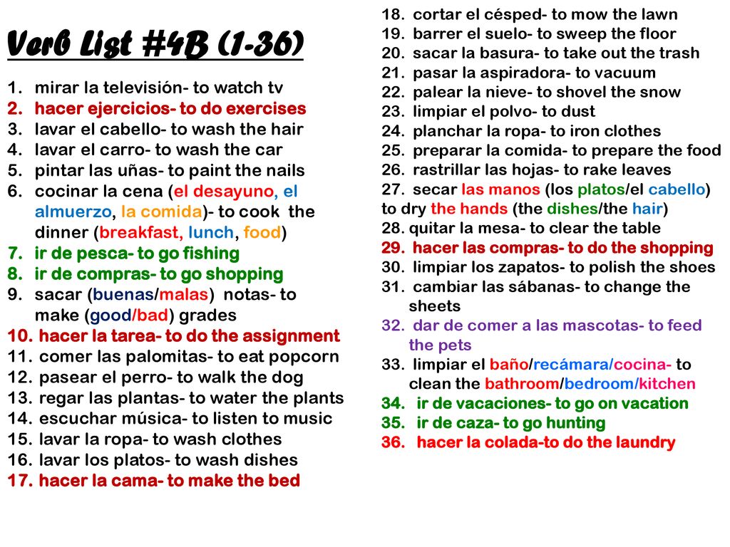 Verb List #4B (1-36) mirar la televisión- to watch tv