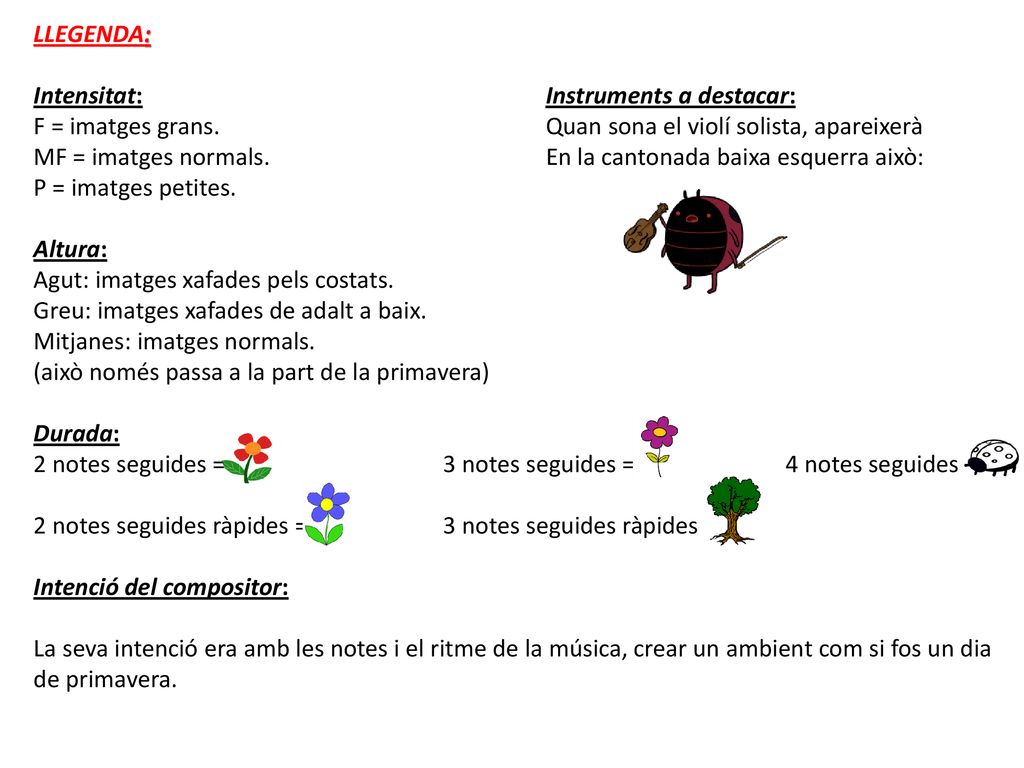 LLEGENDA: Intensitat: Instruments a destacar: F = imatges grans. Quan sona el violí solista, apareixerà.