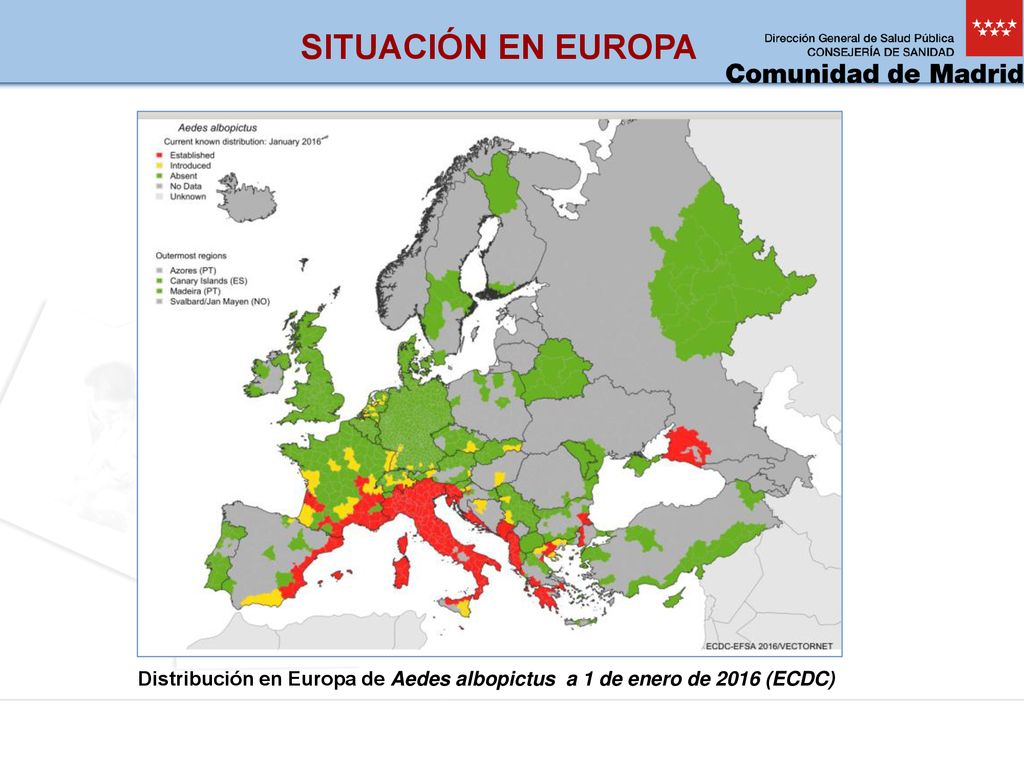 SITUACIÓN EN EUROPA Distribución en Europa de Aedes albopictus a 1 de enero de 2016 (ECDC)