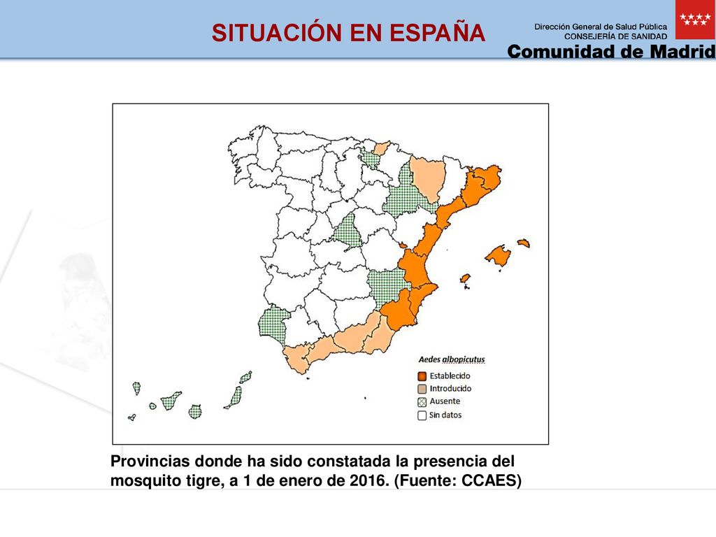 SITUACIÓN EN ESPAÑA Provincias donde ha sido constatada la presencia del mosquito tigre, a 1 de enero de 2016.