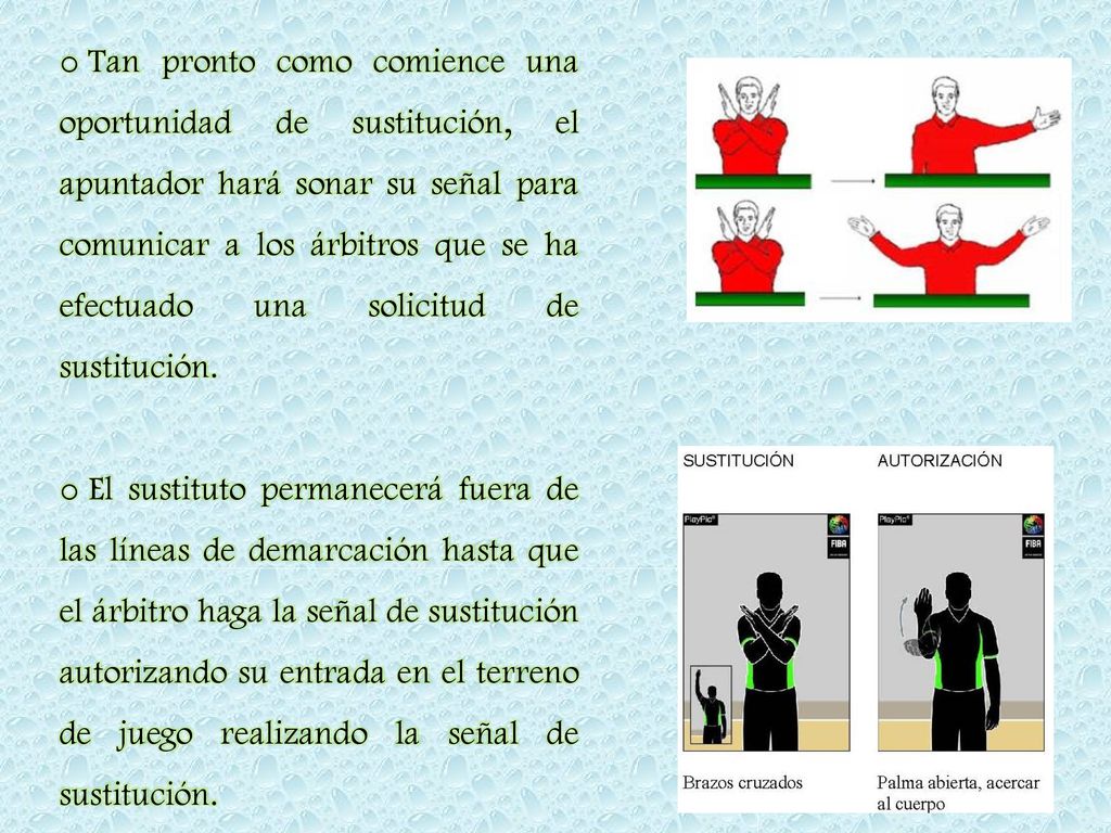 Tan pronto como comience una oportunidad de sustitución, el apuntador hará sonar su señal para comunicar a los árbitros que se ha efectuado una solicitud de sustitución.