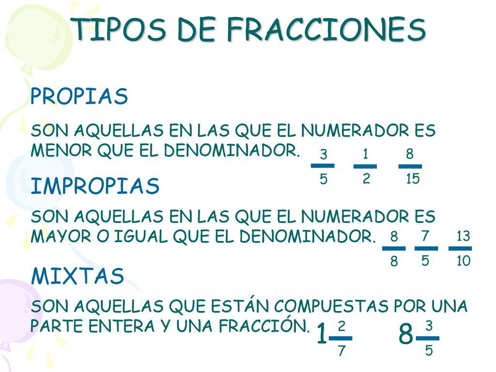 TIPOS DE FRACCIONES 1 8 PROPIAS IMPROPIAS MIXTAS