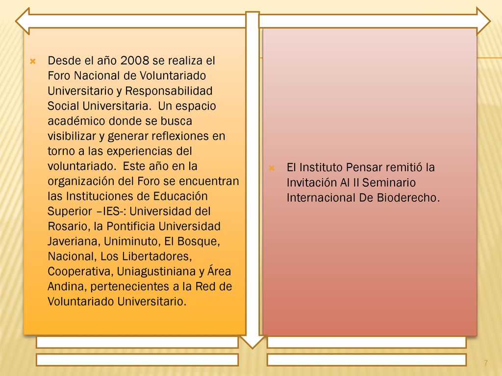 Desde el año 2008 se realiza el Foro Nacional de Voluntariado Universitario y Responsabilidad Social Universitaria. Un espacio académico donde se busca visibilizar y generar reflexiones en torno a las experiencias del voluntariado. Este año en la organización del Foro se encuentran las Instituciones de Educación Superior –IES-: Universidad del Rosario, la Pontificia Universidad Javeriana, Uniminuto, El Bosque, Nacional, Los Libertadores, Cooperativa, Uniagustiniana y Área Andina, pertenecientes a la Red de Voluntariado Universitario.