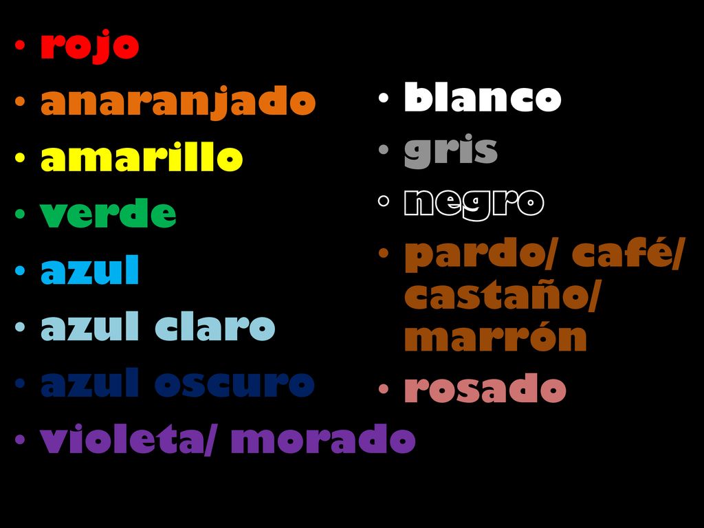 rojo anaranjado. amarillo. verde. azul. azul claro. azul oscuro. violeta/ morado. blanco. gris.