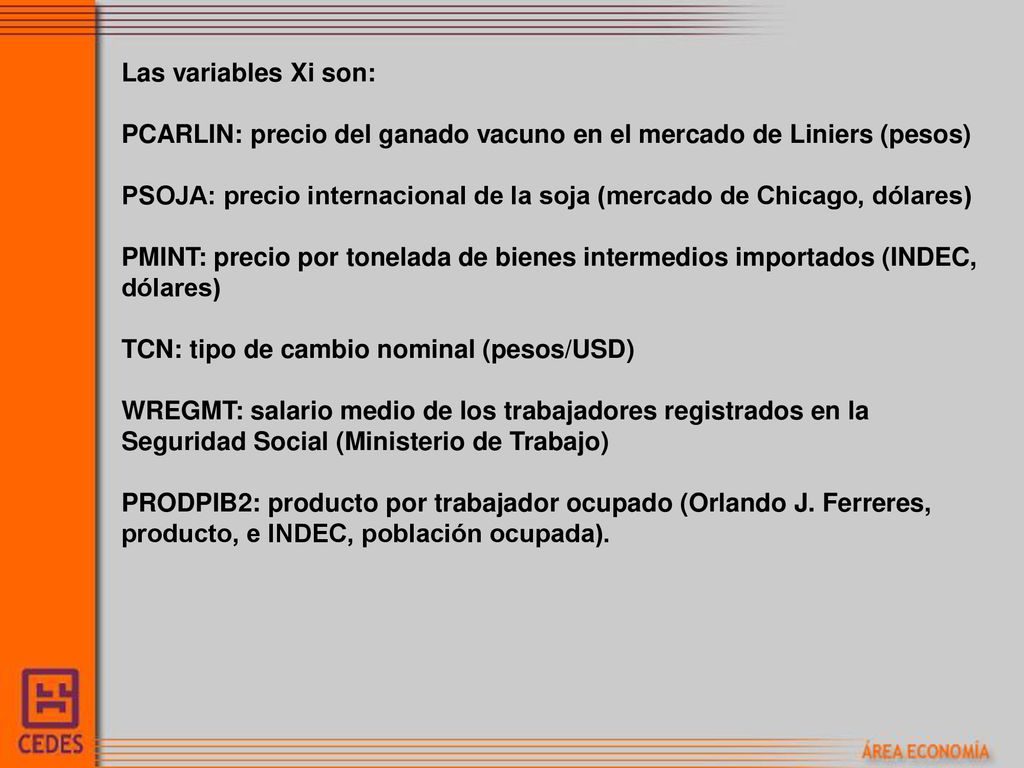 Las variables Xi son: PCARLIN: precio del ganado vacuno en el mercado de Liniers (pesos)