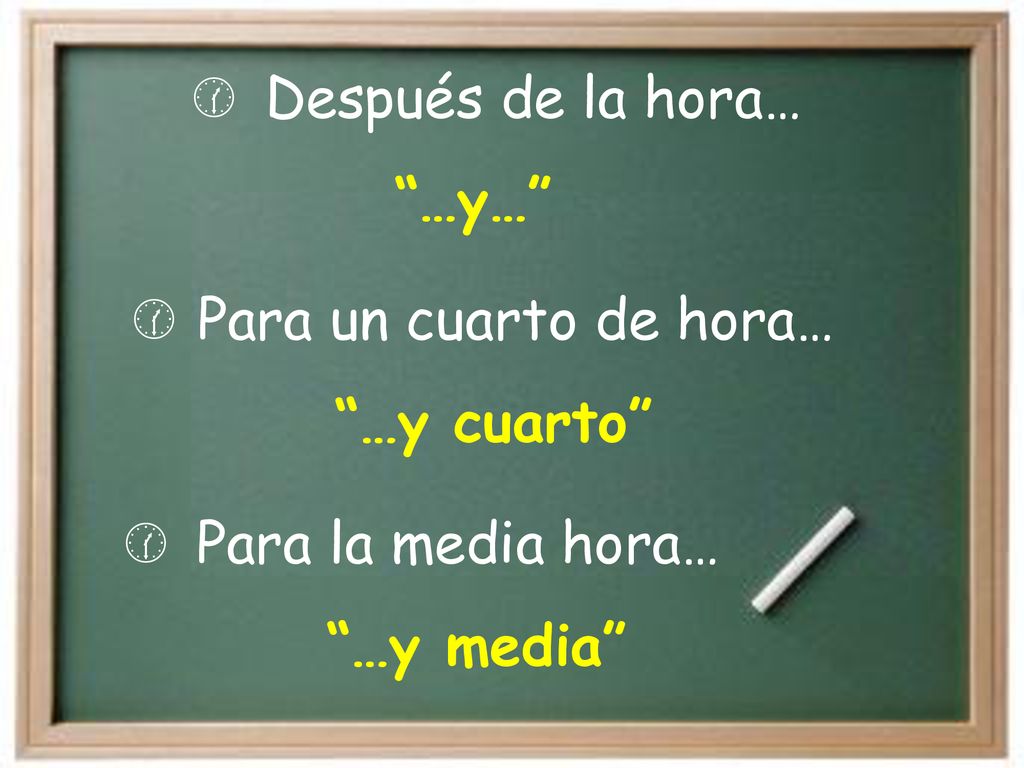 Después de la hora… …y… Para un cuarto de hora… …y cuarto Para la media hora… …y media