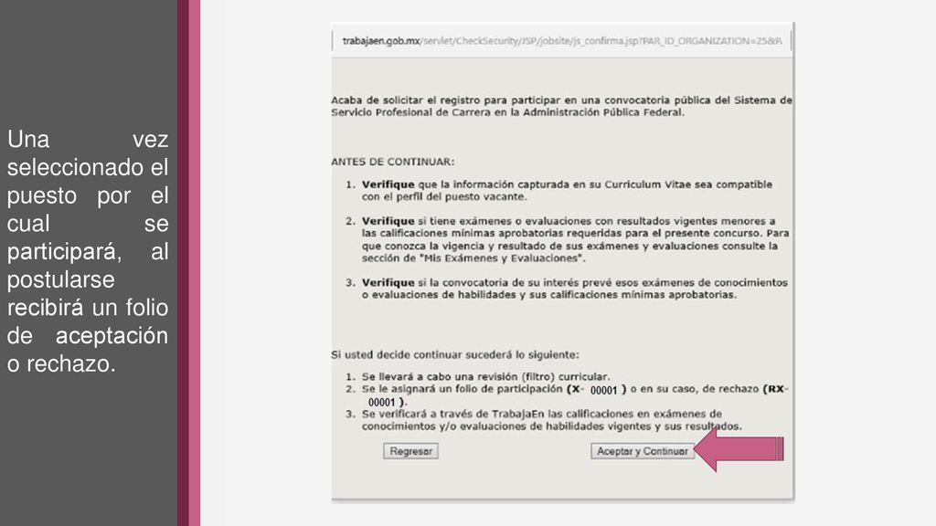 Una vez seleccionado el puesto por el cual se participará, al postularse recibirá un folio de aceptación o rechazo.
