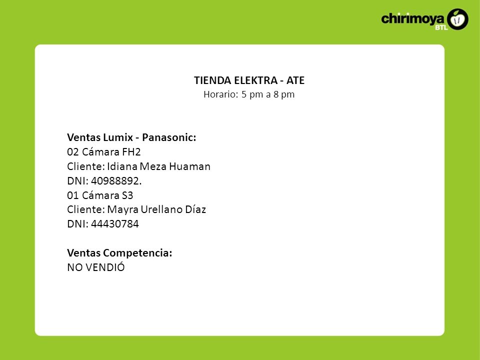 Ventas Lumix - Panasonic: 02 Cámara FH2 Cliente: Idiana Meza Huaman