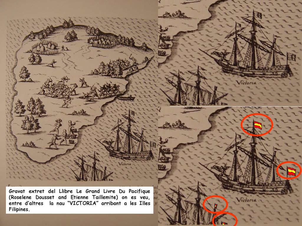 Gravat extret del Llibre Le Grand Livre Du Pacifique (Roselene Dousset and Etienne Taillemite) on es veu, entre d’altres la nau VICTORIA arribant a les Illes Filipines.