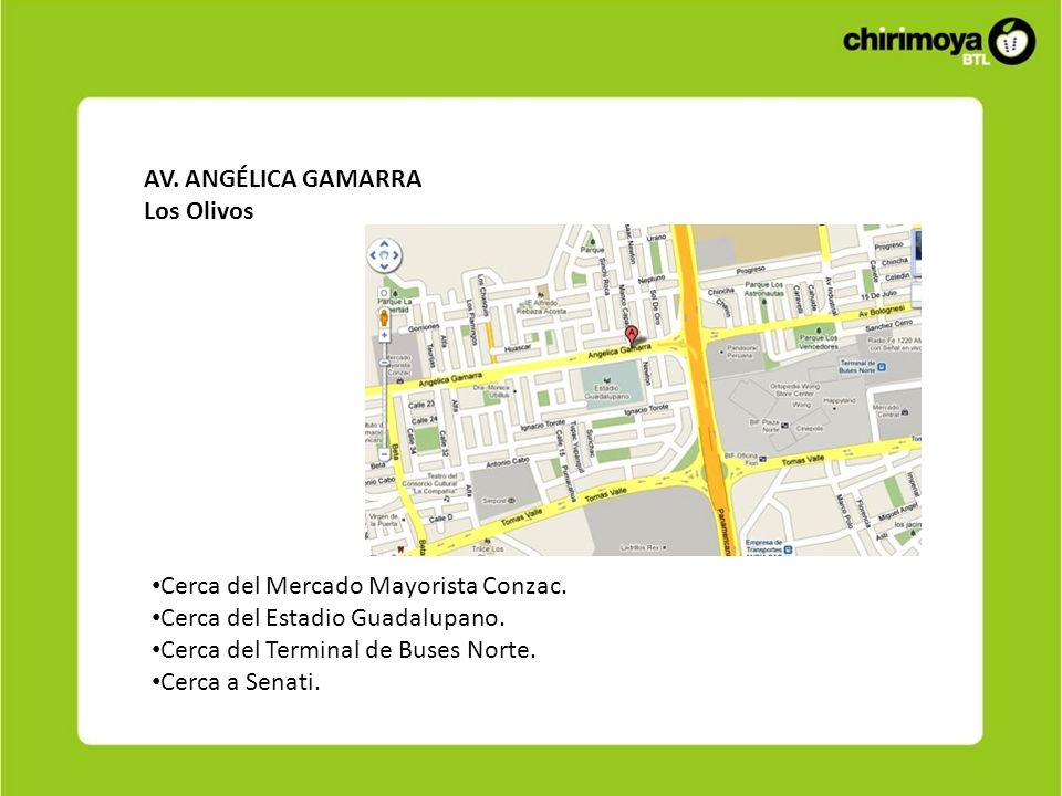 AV. ANGÉLICA GAMARRA Los Olivos. Cerca del Mercado Mayorista Conzac. Cerca del Estadio Guadalupano.
