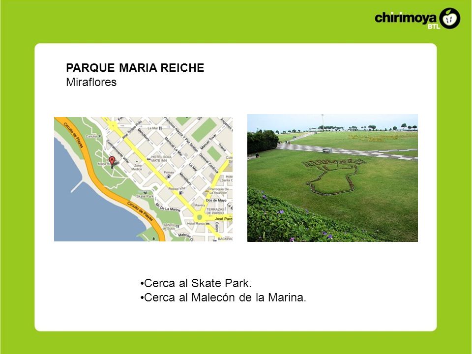 PARQUE MARIA REICHE Miraflores Cerca al Skate Park. Cerca al Malecón de la Marina.
