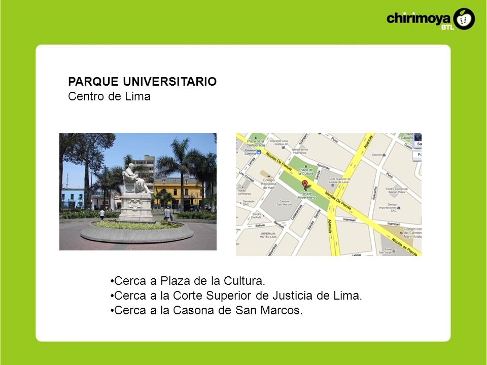 PARQUE UNIVERSITARIO Centro de Lima. Cerca a Plaza de la Cultura. Cerca a la Corte Superior de Justicia de Lima.