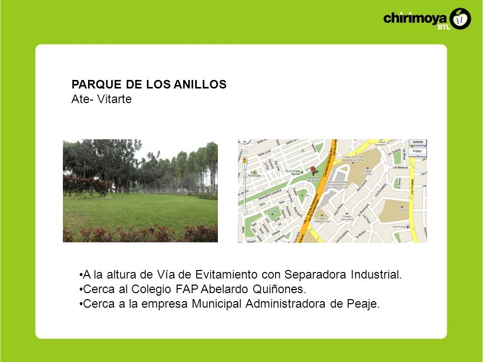 PARQUE DE LOS ANILLOS Ate- Vitarte. A la altura de Vía de Evitamiento con Separadora Industrial. Cerca al Colegio FAP Abelardo Quiñones.