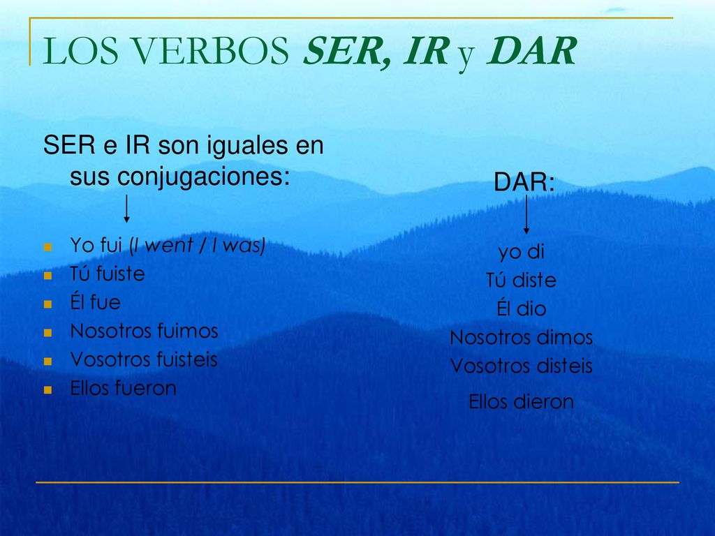 LOS VERBOS SER, IR y DAR SER e IR son iguales en sus conjugaciones: