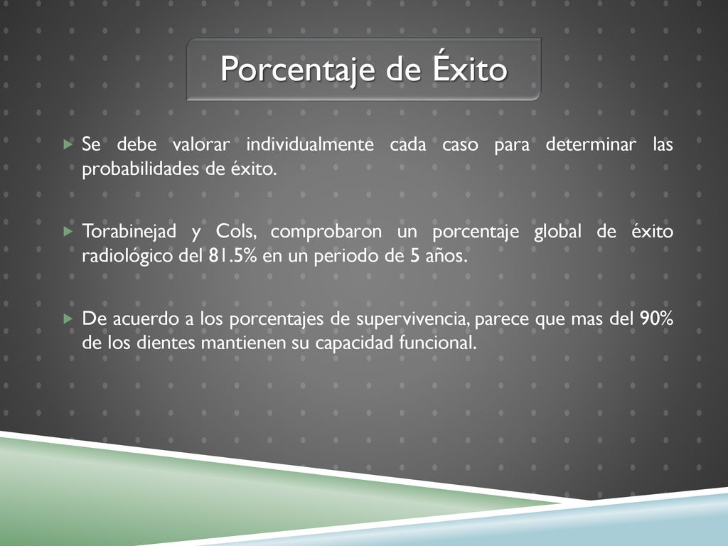 Porcentaje de Éxito Se debe valorar individualmente cada caso para determinar las probabilidades de éxito.