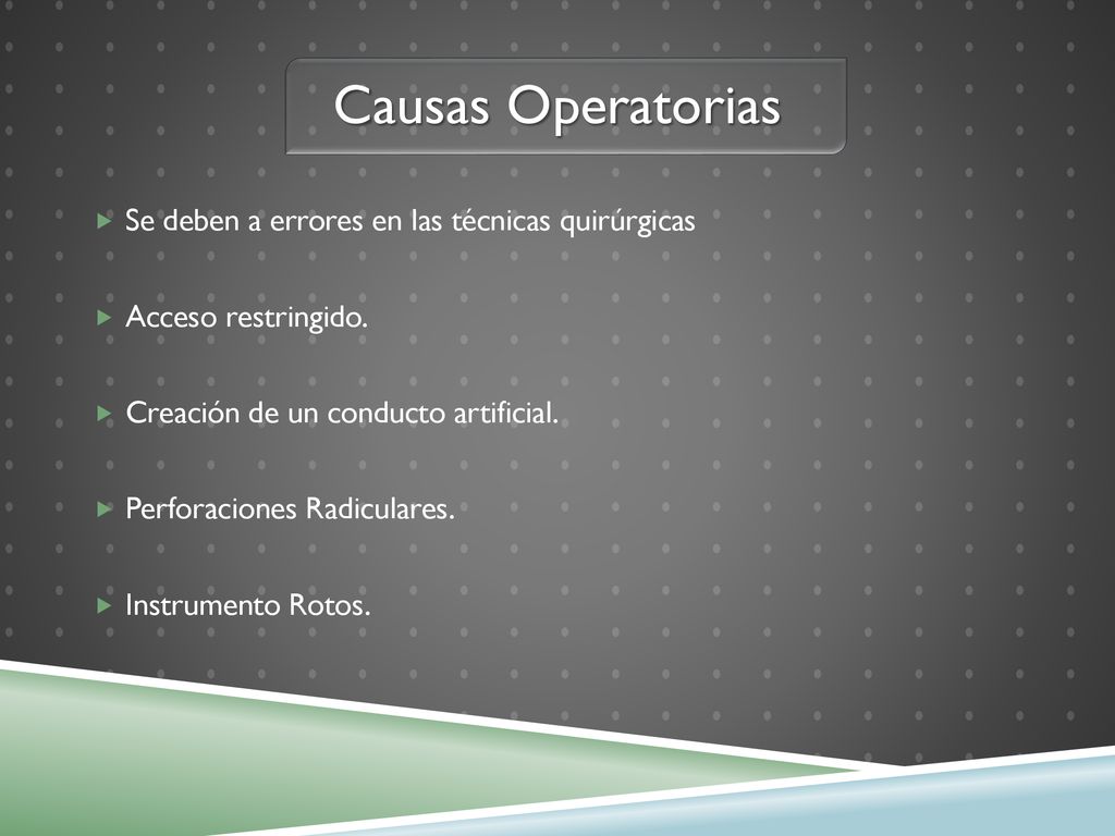 Causas Operatorias Se deben a errores en las técnicas quirúrgicas