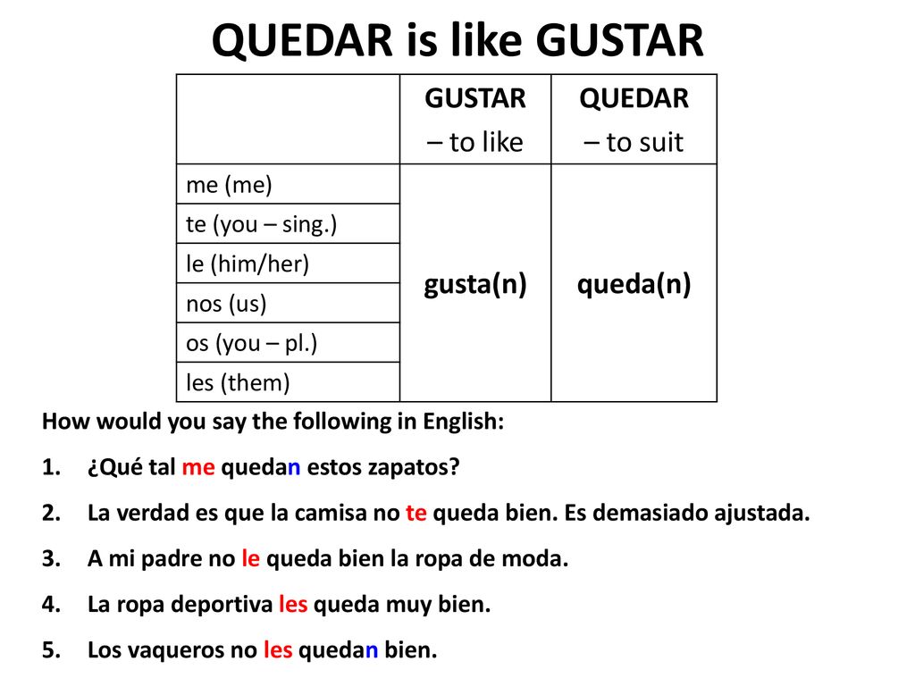 QUEDAR is like GUSTAR GUSTAR – to like QUEDAR – to suit gusta(n)