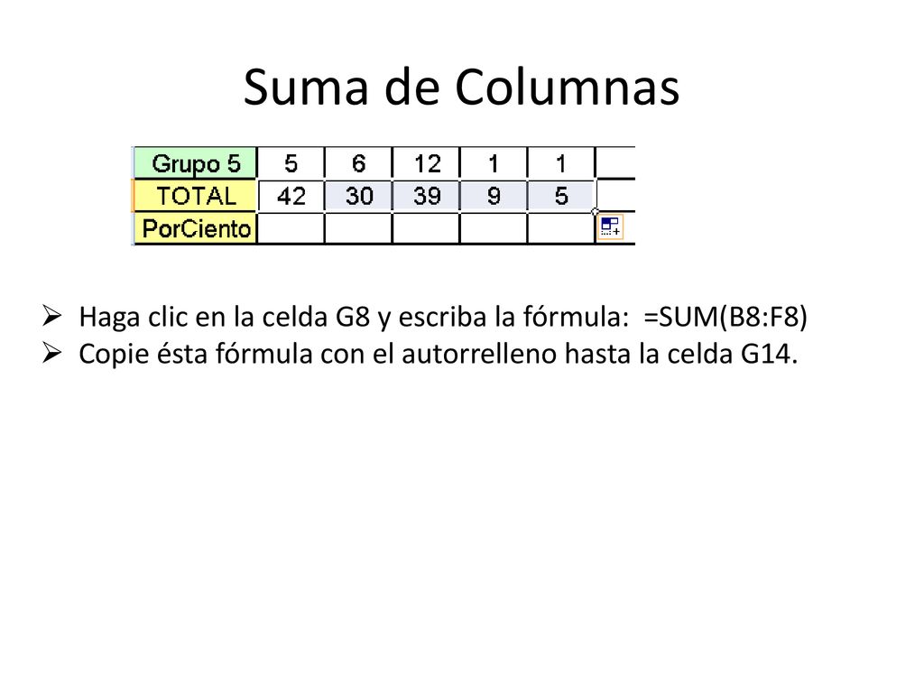 Suma de Columnas Haga clic en la celda G8 y escriba la fórmula: =SUM(B8:F8) Copie ésta fórmula con el autorrelleno hasta la celda G14.