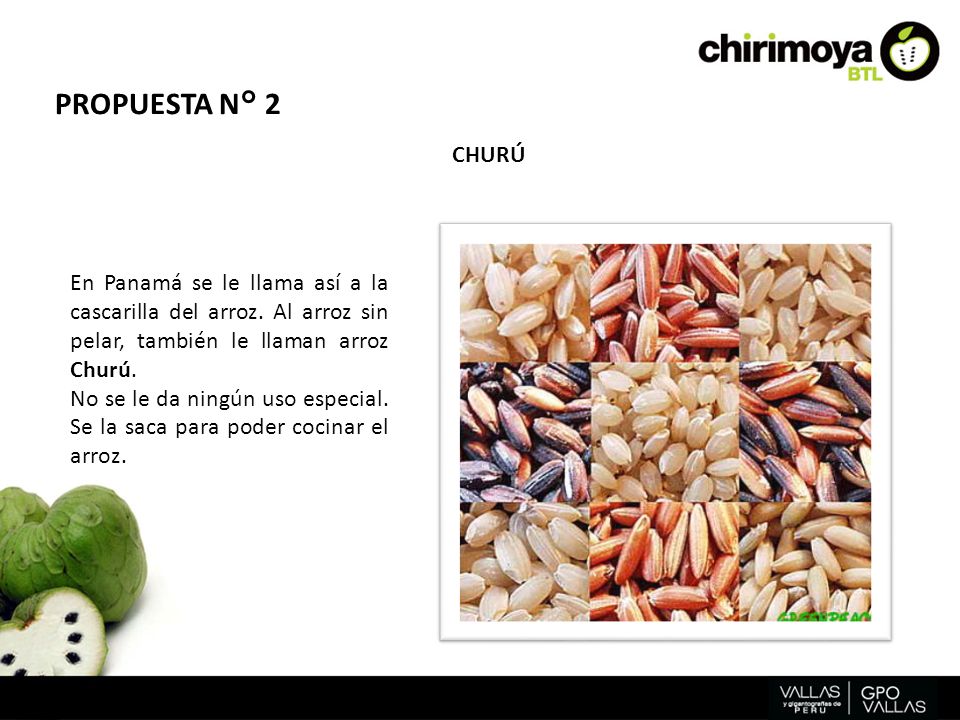 PROPUESTA N° 2 CHURÚ. En Panamá se le llama así a la cascarilla del arroz. Al arroz sin pelar, también le llaman arroz Churú.