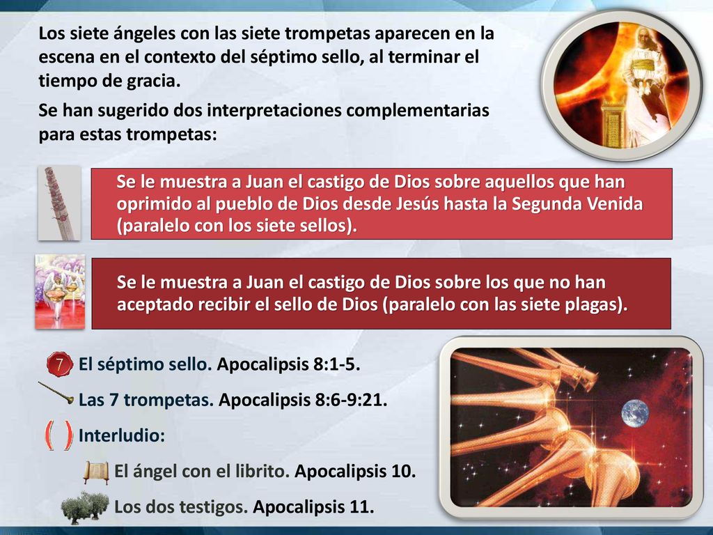 Los siete ángeles con las siete trompetas aparecen en la escena en el contexto del séptimo sello, al terminar el tiempo de gracia.