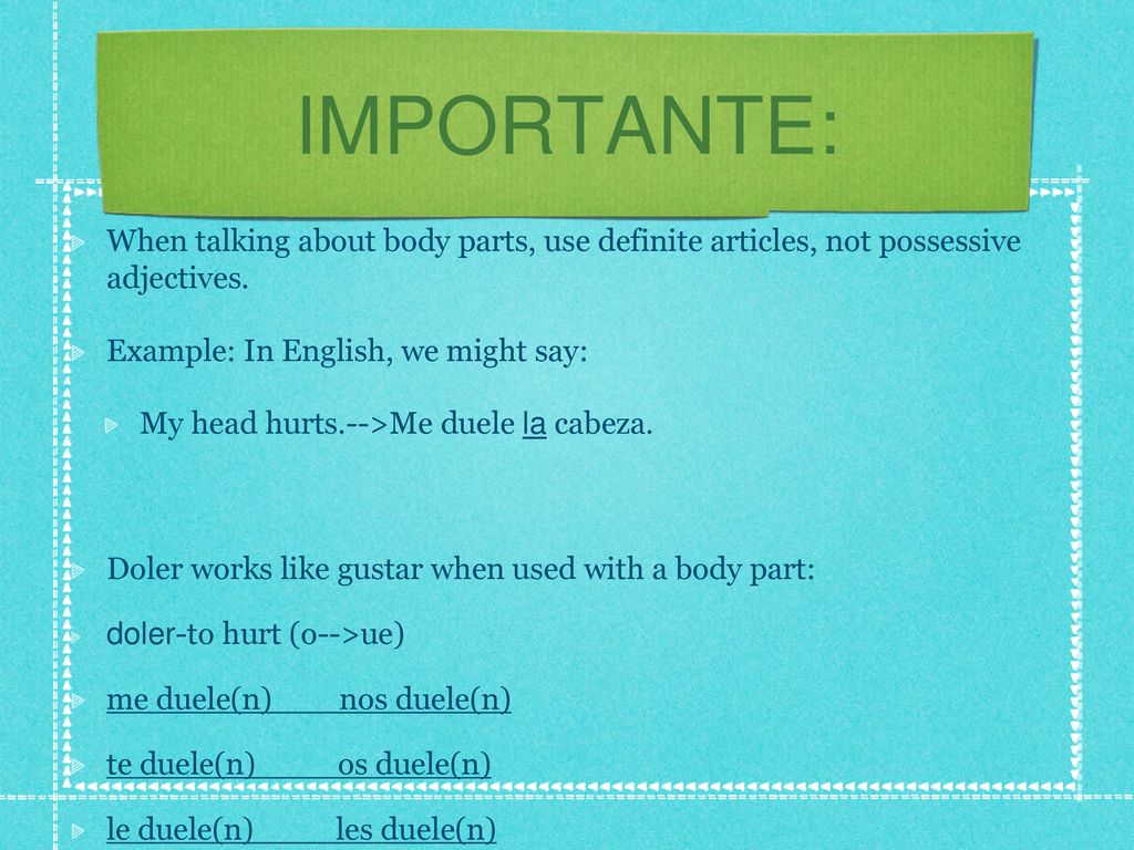 IMPORTANTE: When talking about body parts, use definite articles, not possessive adjectives. Example: In English, we might say: