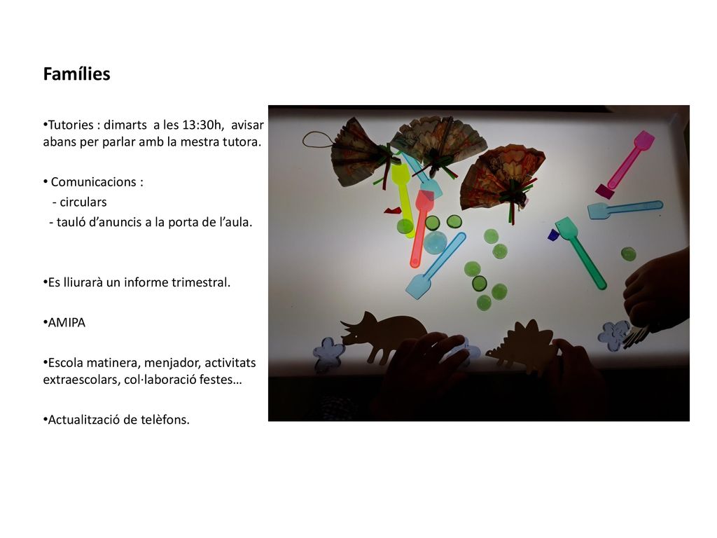 Famílies Tutories : dimarts a les 13:30h, avisar abans per parlar amb la mestra tutora. Comunicacions :
