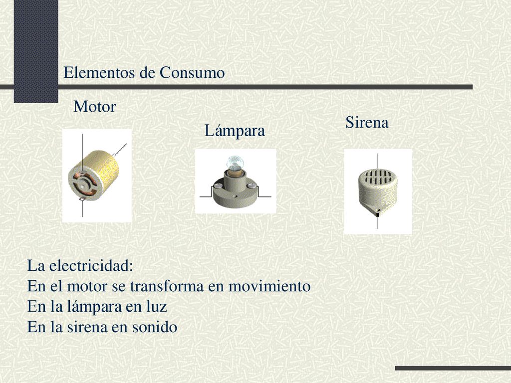 Elementos de Consumo Motor. Sirena. Lámpara. La electricidad: En el motor se transforma en movimiento.