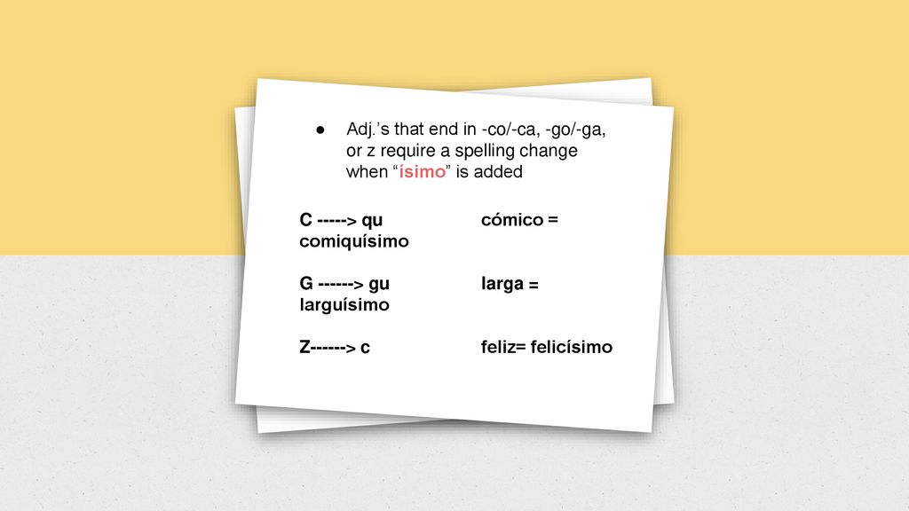 Adj.’s that end in -co/-ca, -go/-ga, or z require a spelling change when ísimo is added