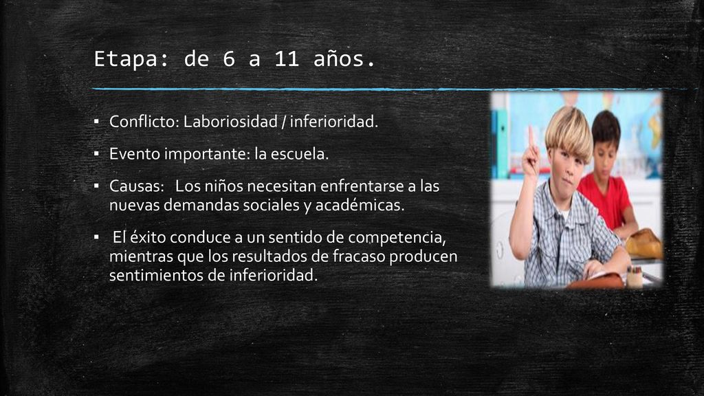 Etapa: de 6 a 11 años. Conflicto: Laboriosidad / inferioridad.