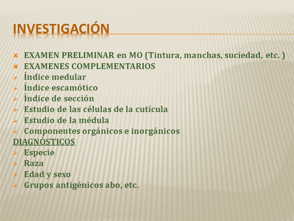 investigación EXAMEN PRELIMINAR en MO (Tintura, manchas, suciedad, etc. ) EXAMENES COMPLEMENTARIOS.