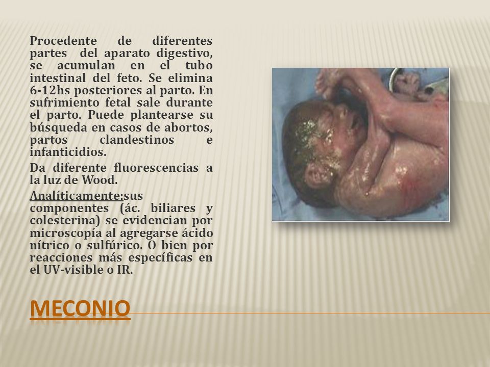 Procedente de diferentes partes del aparato digestivo, se acumulan en el tubo intestinal del feto. Se elimina 6-12hs posteriores al parto. En sufrimiento fetal sale durante el parto. Puede plantearse su búsqueda en casos de abortos, partos clandestinos e infanticidios.