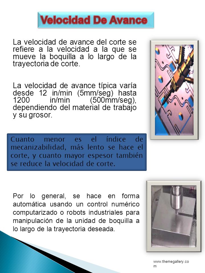 Velocidad De Avance La velocidad de avance del corte se refiere a la velocidad a la que se mueve la boquilla a lo largo de la trayectoria de corte.