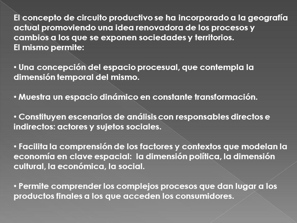 El concepto de circuito productivo se ha incorporado a la geografía actual promoviendo una idea renovadora de los procesos y cambios a los que se exponen sociedades y territorios.
