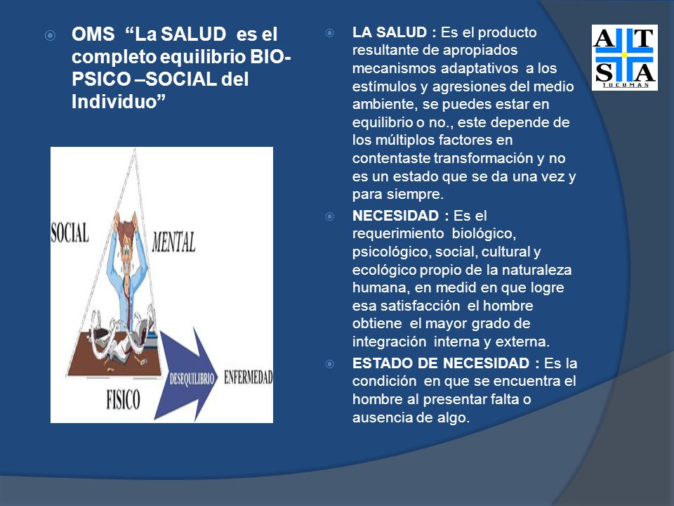 OMS La SALUD es el completo equilibrio BIO- PSICO –SOCIAL del Individuo