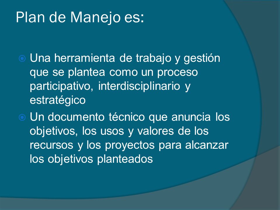 Plan de Manejo es: Una herramienta de trabajo y gestión que se plantea como un proceso participativo, interdisciplinario y estratégico.