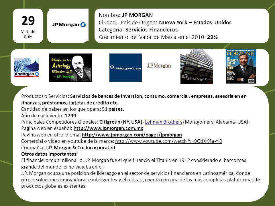 29 Matilde Ruiz. Nombre: JP MORGAN. Ciudad - País de Origen: Nueva York – Estados Unidos. Categoría: Servicios Financieros.