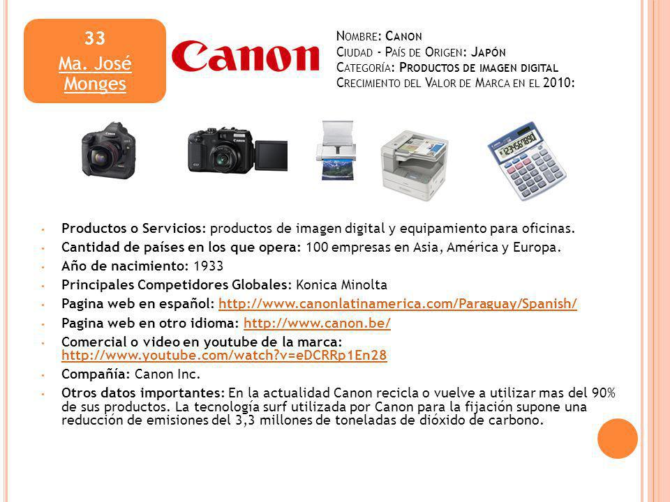 33 Ma. José Monges. Nombre: Canon Ciudad - País de Origen: Japón Categoría: Productos de imagen digital Crecimiento del Valor de Marca en el 2010: