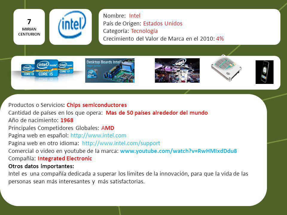 7 Nombre: Intel País de Origen: Estados Unidos Categoría: Tecnología