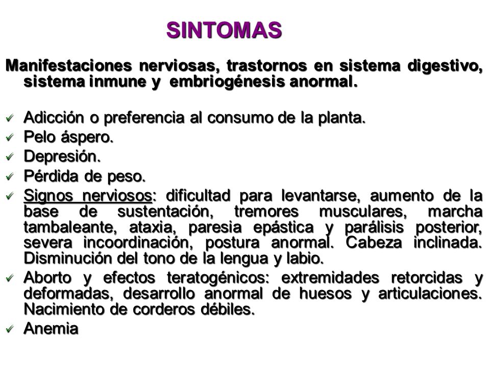 SINTOMAS Manifestaciones nerviosas, trastornos en sistema digestivo, sistema inmune y embriogénesis anormal.