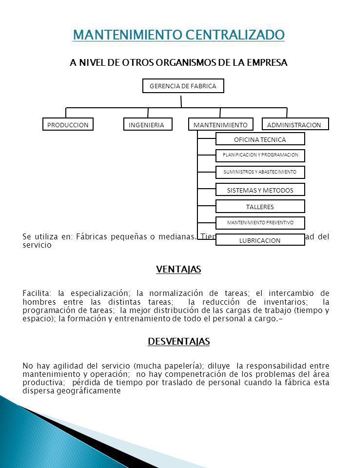 MANTENIMIENTO CENTRALIZADO A NIVEL DE OTROS ORGANISMOS DE LA EMPRESA