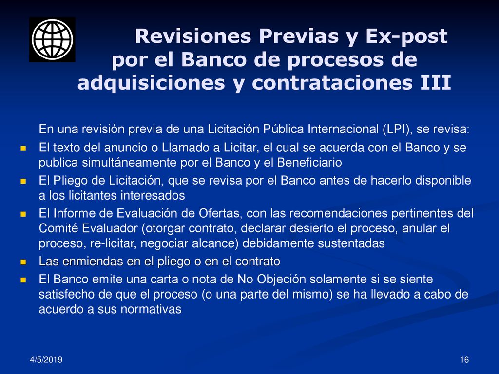 Revisiones Previas y Ex-post por el Banco de procesos de adquisiciones y contrataciones III